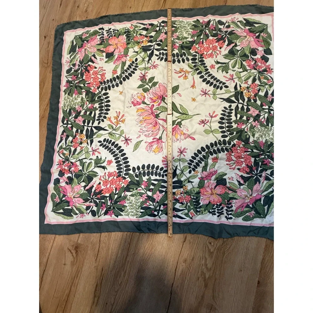 Vintage J.Crew Square Silk Scarf Green Pink Floral Botanical Print 32x34